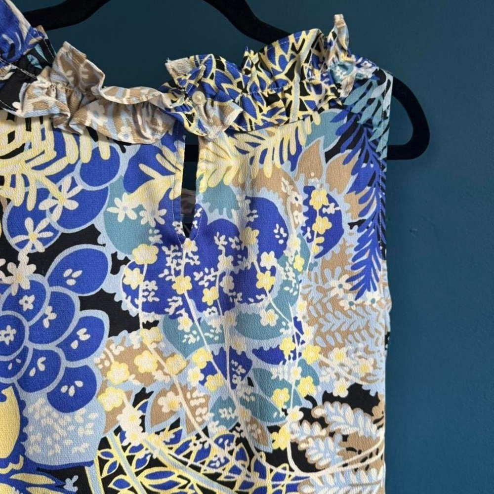 Talbots Ruffle Neck Blouse Women's Size XS Floral Blue Yellow Sleeveless Work - Picture 7 of 8